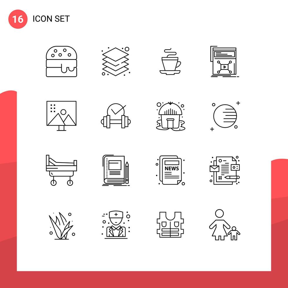 Mobile Interface Outline Set of 16 Pictograms of modify photographs altering image coffee website video Editable Vector Design Elements
