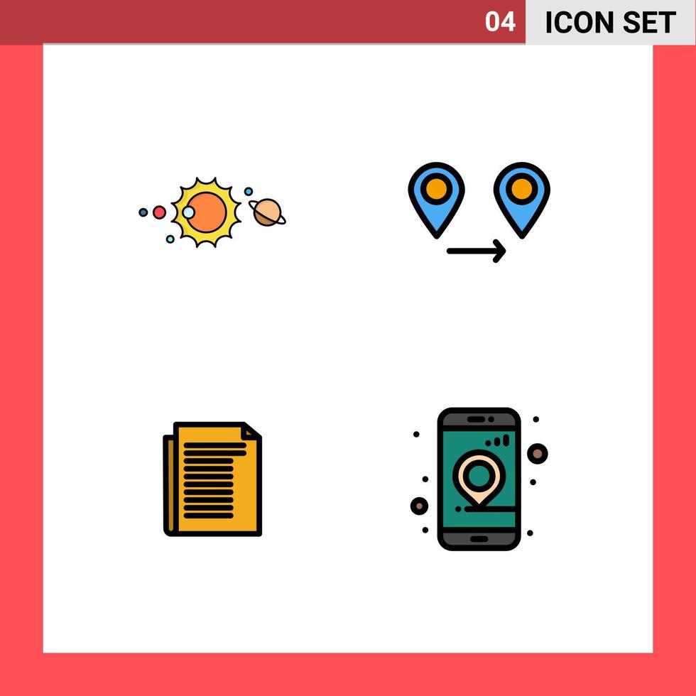 Mobile Interface Filledline Flat Color Set of 4 Pictograms of solar note solar system location paper Editable Vector Design Elements