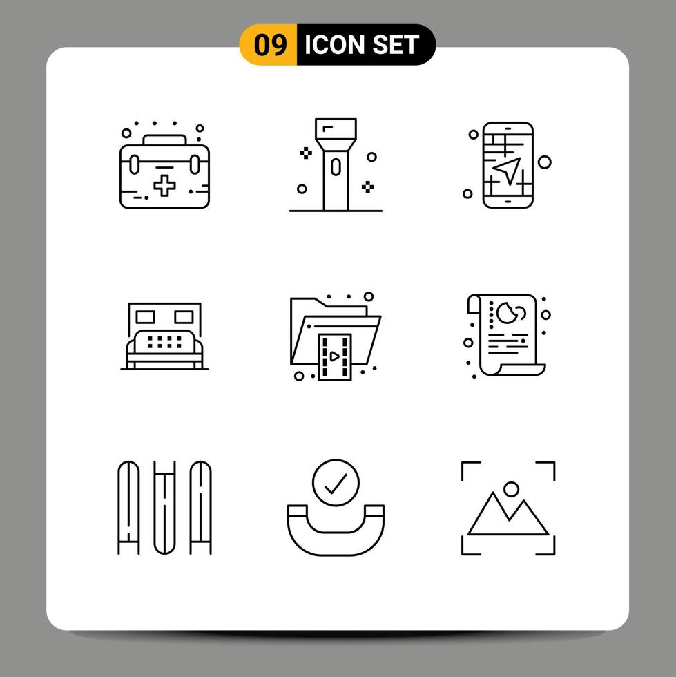 User Interface Pack of 9 Basic Outlines of bedroom hotel products travel map Editable Vector Design Elements