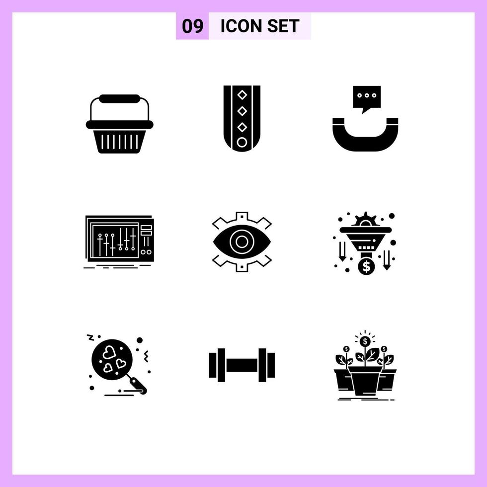 9 Thematic Vector Solid Glyphs and Editable Symbols of eye music striped mixer console Editable Vector Design Elements