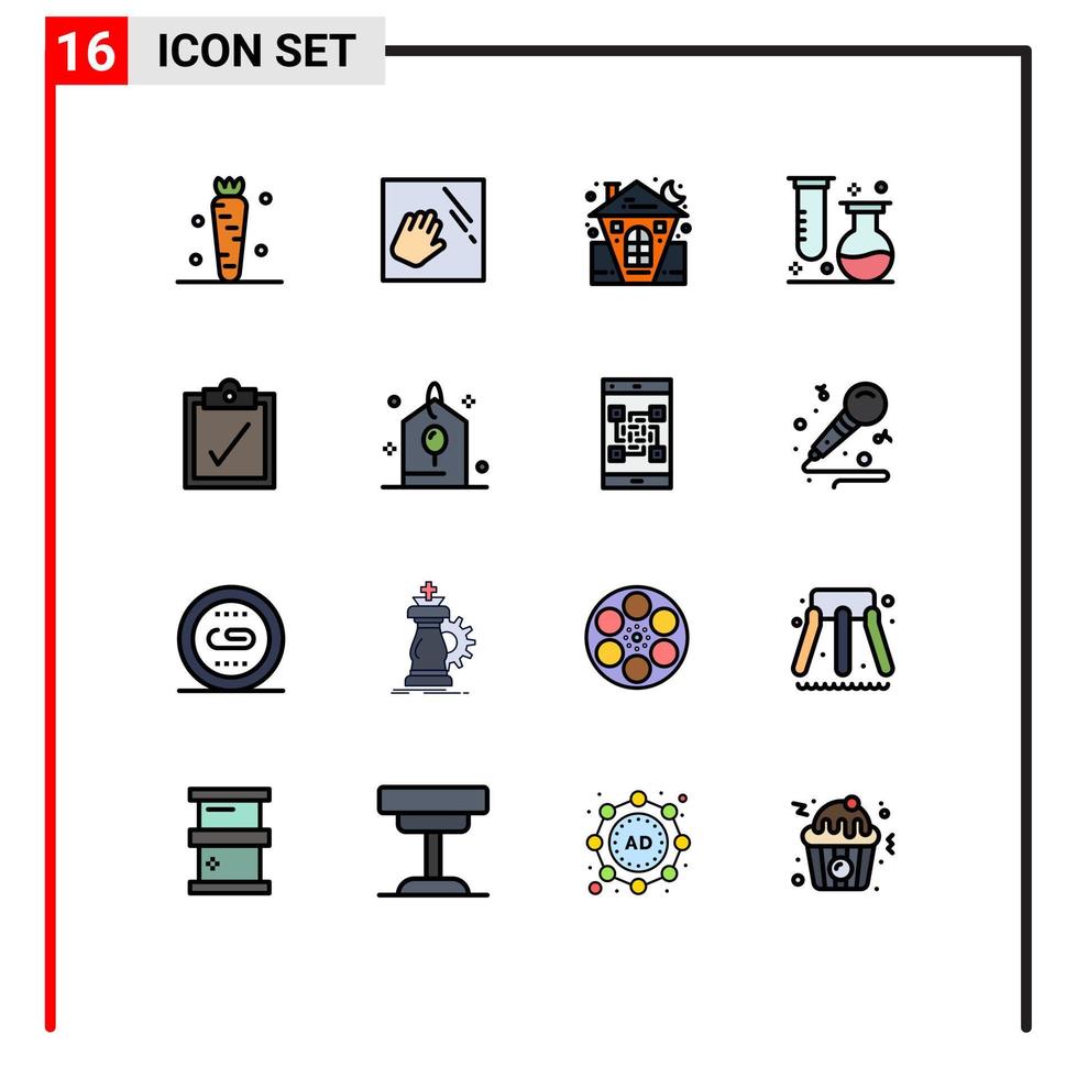 Universal Icon Symbols Group of 16 Modern Flat Color Filled Lines of science flasks housekeeping chemistry holiday Editable Creative Vector Design Elements