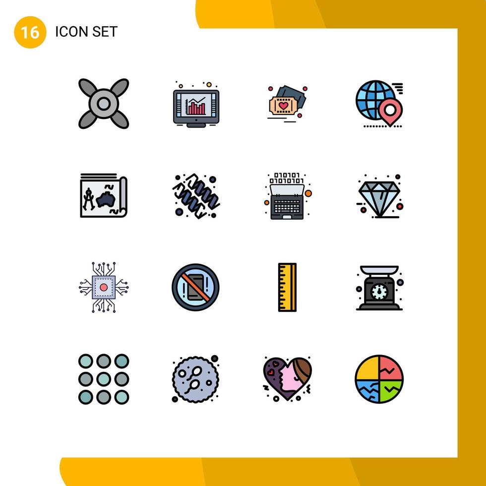 16 Universal Flat Color Filled Lines Set for Web and Mobile Applications guide map heart location map Editable Creative Vector Design Elements