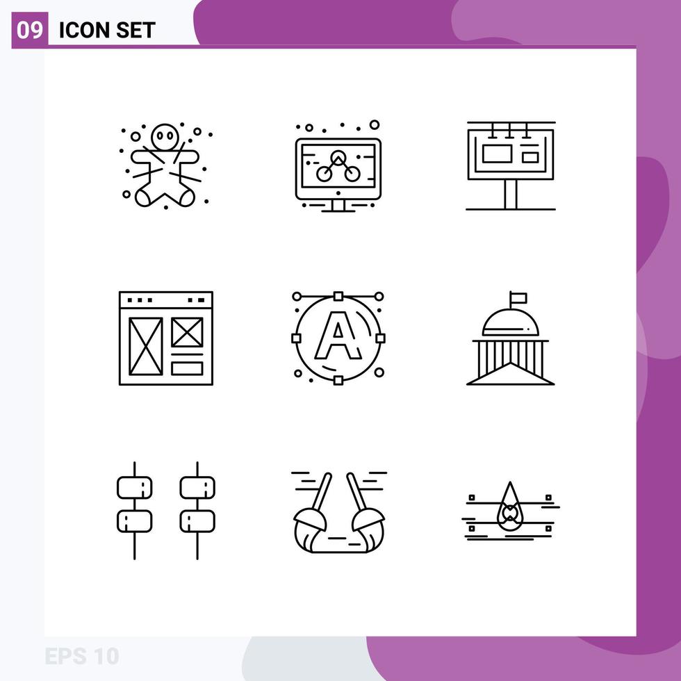 Modern Set of 9 Outlines Pictograph of font page bill board internet browser Editable Vector Design Elements