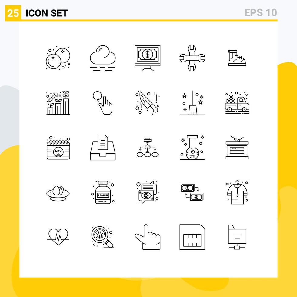 25 Creative Icons Modern Signs and Symbols of hiking boots click wrench options Editable Vector Design Elements