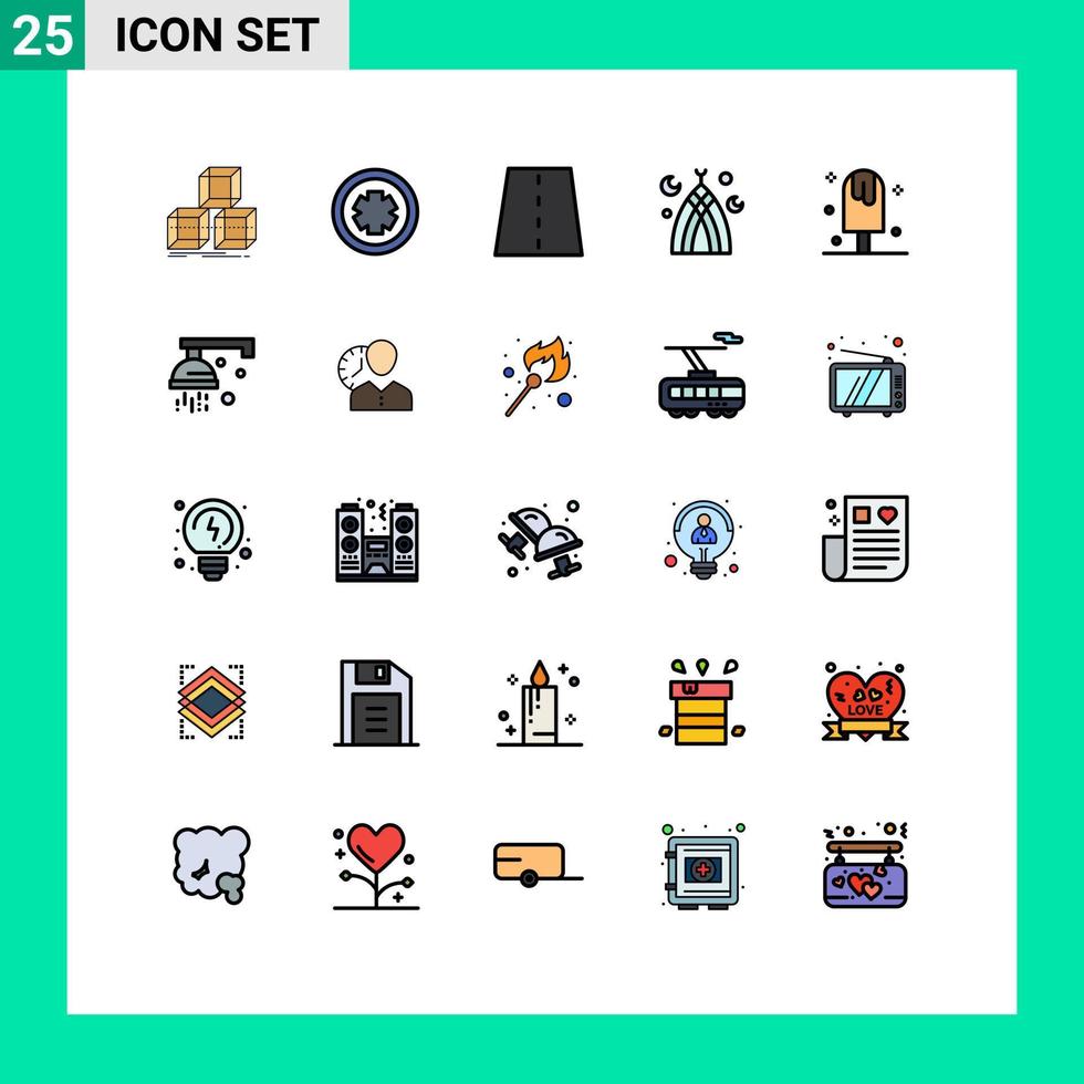 25 User Interface Filled line Flat Color Pack of modern Signs and Symbols of cold mosque driveway month road Editable Vector Design Elements