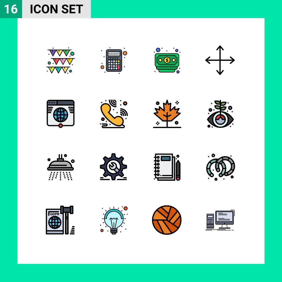 16 Universal Flat Color Filled Lines Set for Web and Mobile Applications network internet dollar globe navigation Editable Creative Vector Design Elements