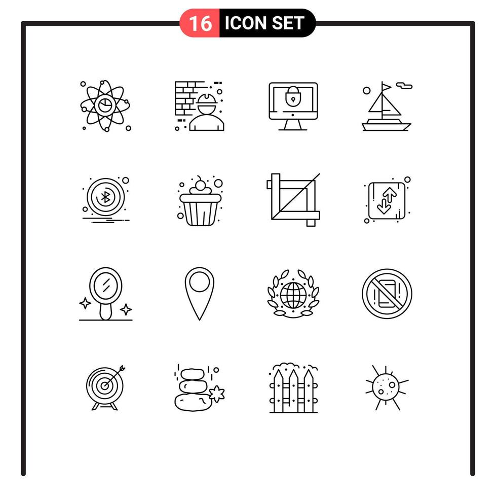 Outline Pack of 16 Universal Symbols of alert boat man beach lock Editable Vector Design Elements