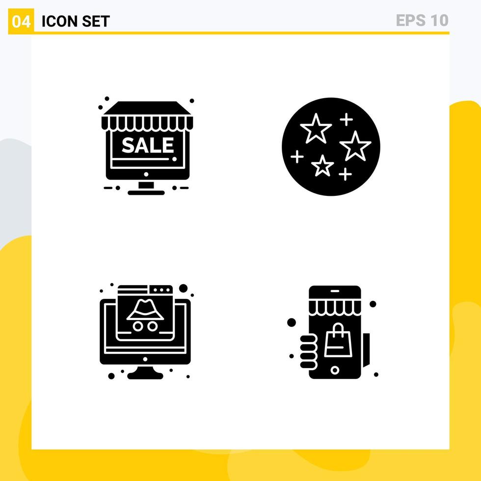 Set of 4 Commercial Solid Glyphs pack for monitor cyber shop stars hacker Editable Vector Design Elements