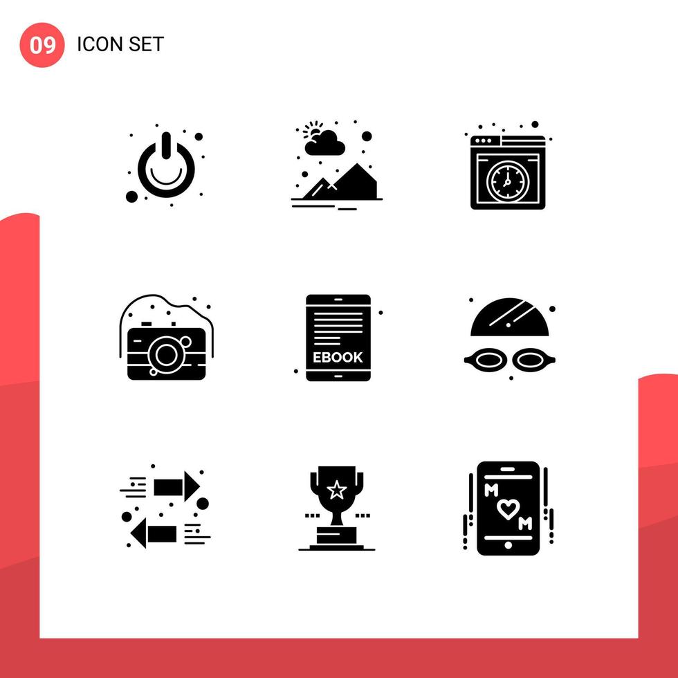 Set of 9 Vector Solid Glyphs on Grid for ebook photo sun rise old online Editable Vector Design Elements