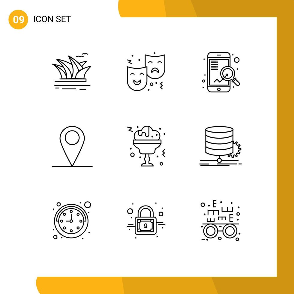 Pack of 9 Modern Outlines Signs and Symbols for Web Print Media such as world location circus global search Editable Vector Design Elements