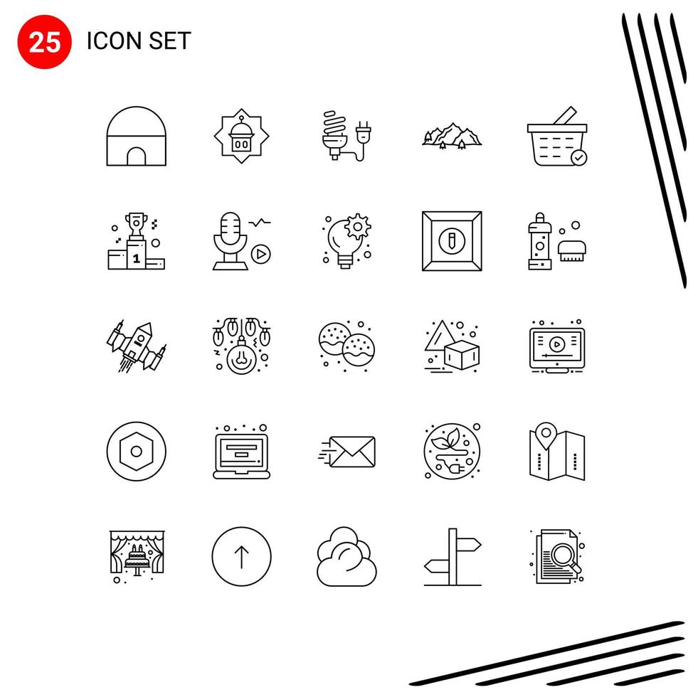 Mobile Interface Line Set of 25 Pictograms of hill mountain star plug energy Editable Vector Design Elements