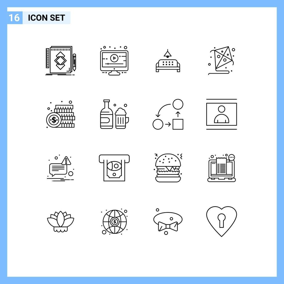 16 Universal Outlines Set for Web and Mobile Applications dollar coin sofa hobby kite Editable Vector Design Elements