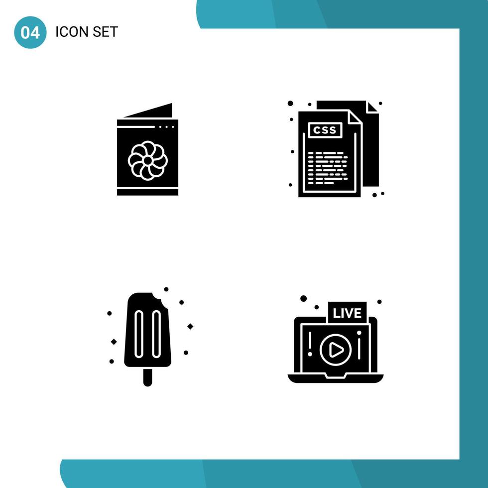 Pack of 4 creative Solid Glyphs of business card ice cream identification card web sweet Editable Vector Design Elements