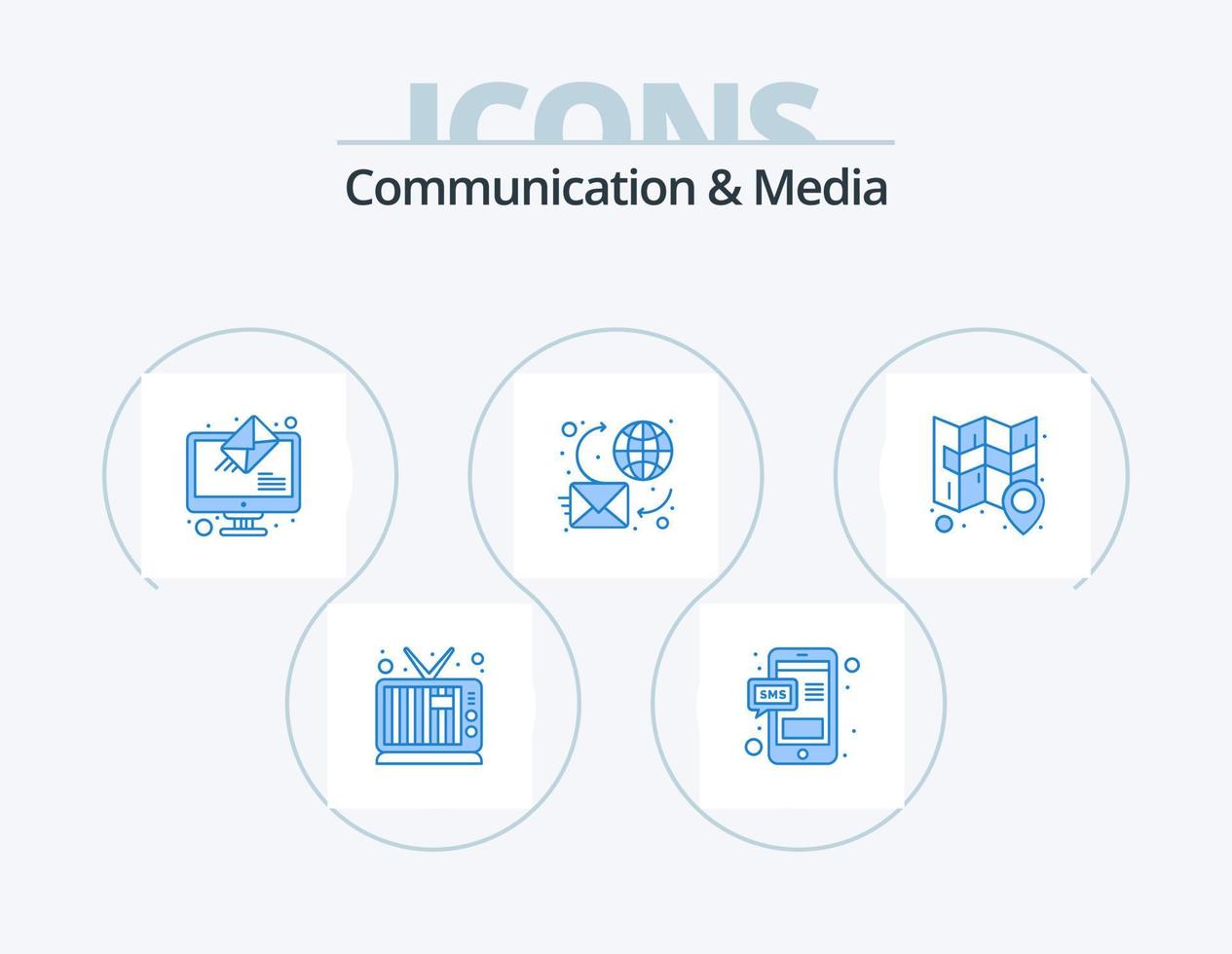 Communication And Media Blue Icon Pack 5 Icon Design. map. world. online. message. chat vector