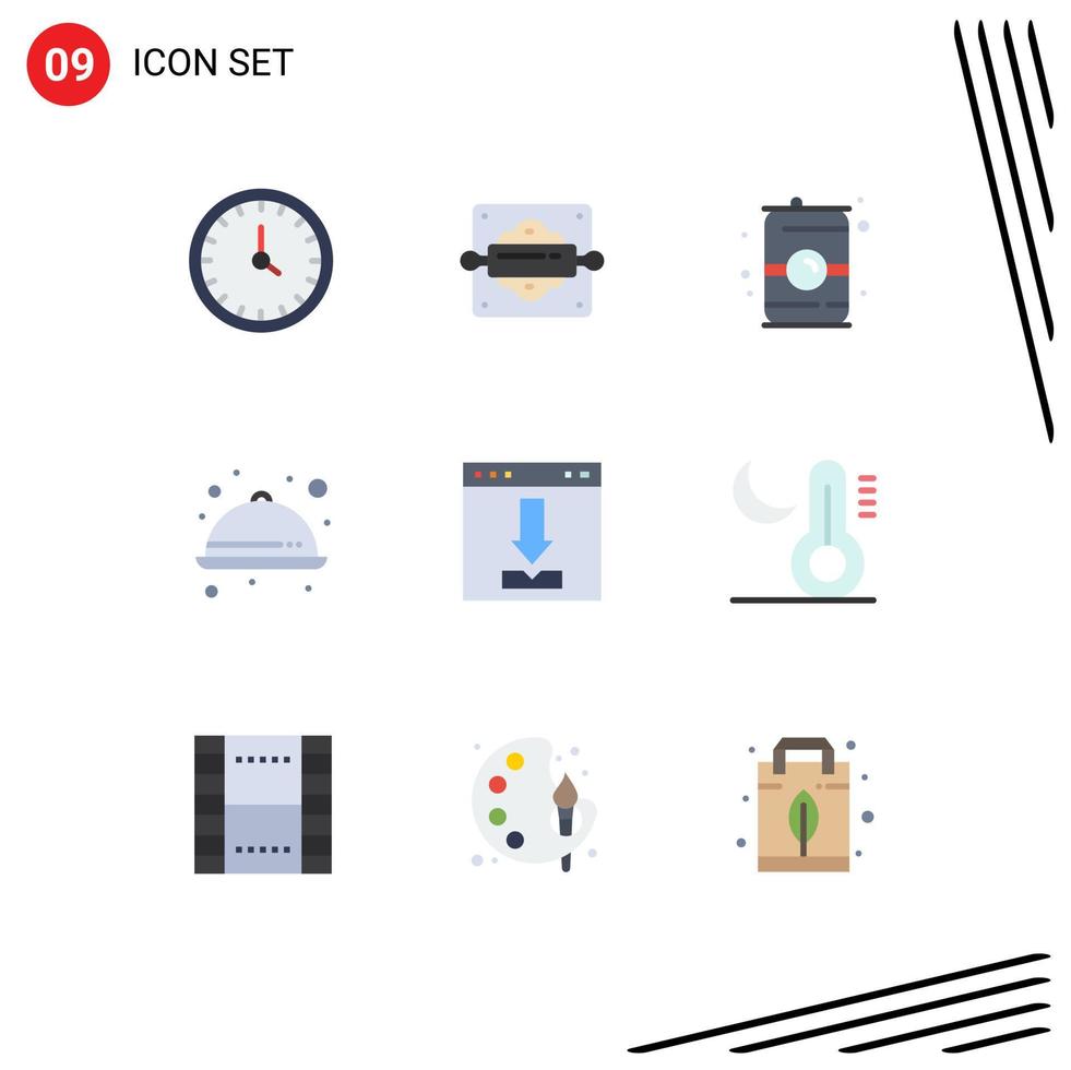 Set of 9 Vector Flat Colors on Grid for arrows meal bread rolling pin kitchen water Editable Vector Design Elements