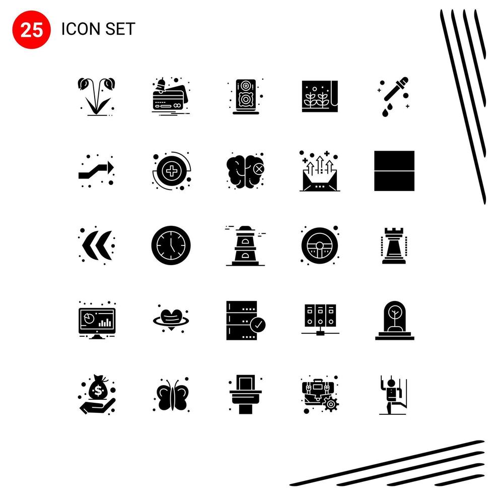 Mobile Interface Solid Glyph Set of 25 Pictograms of science dropper audio small farming Editable Vector Design Elements