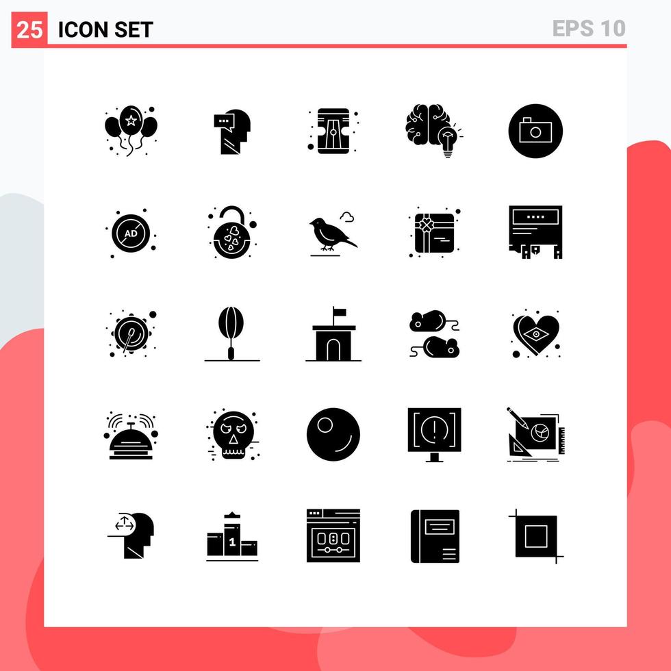 Modern Set of 25 Solid Glyphs and symbols such as media bulb pencil mind business Editable Vector Design Elements