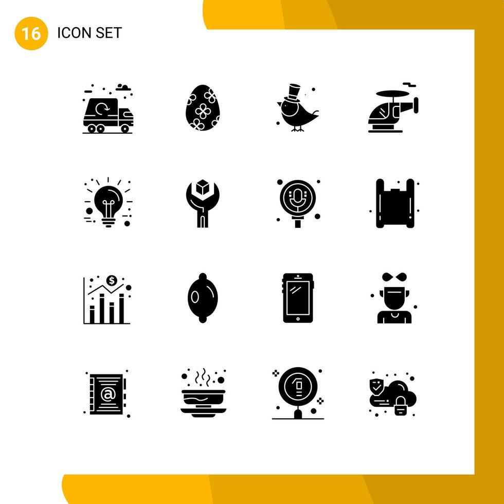 Pack of 16 Modern Solid Glyphs Signs and Symbols for Web Print Media such as innovation business bird vehicle helicopter Editable Vector Design Elements
