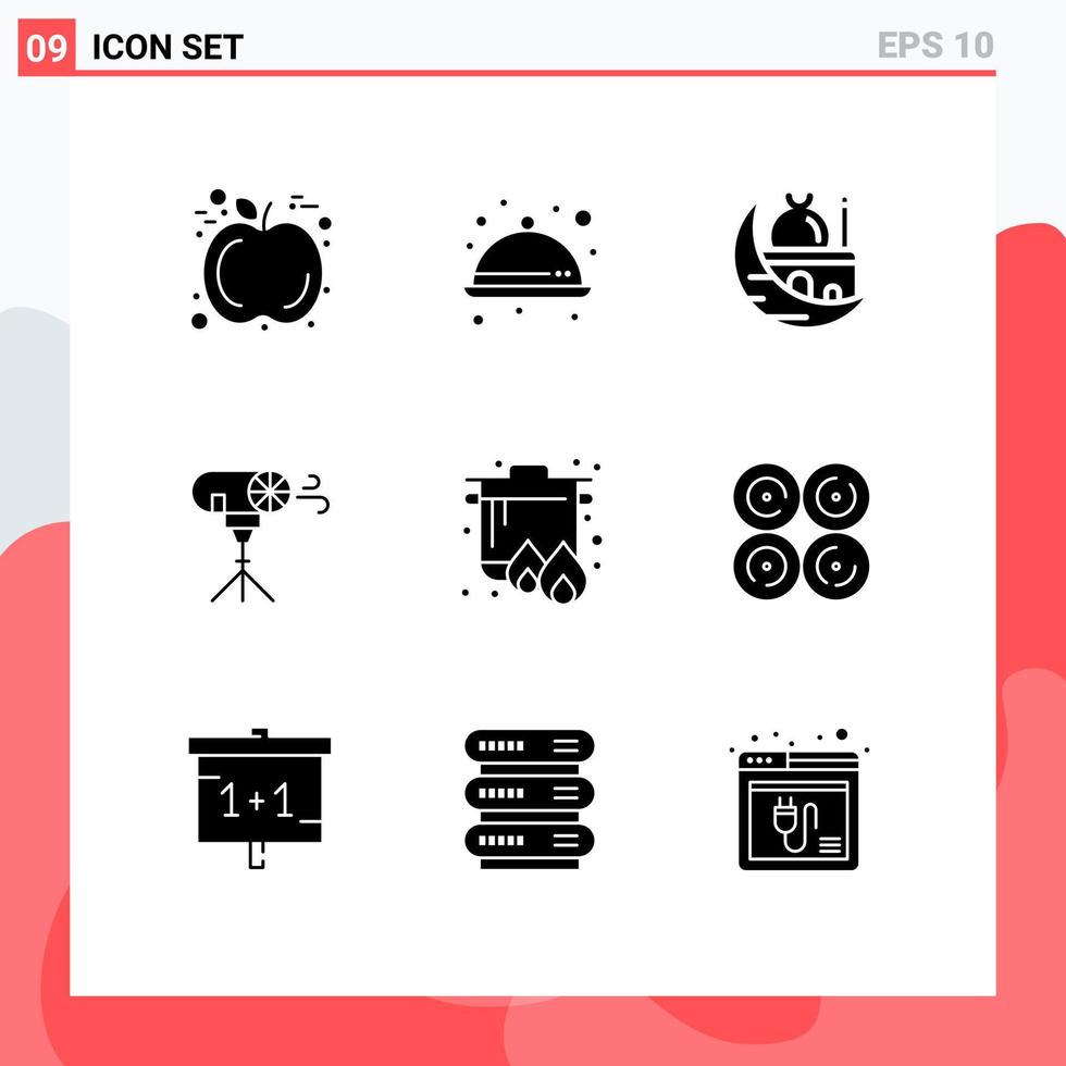 Set of 9 Vector Solid Glyphs on Grid for camping special islam photographic effects Editable Vector Design Elements