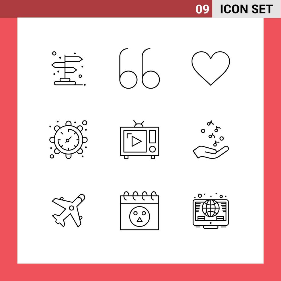 Mobile Interface Outline Set of 9 Pictograms of tv antenna tv like watch setting Editable Vector Design Elements