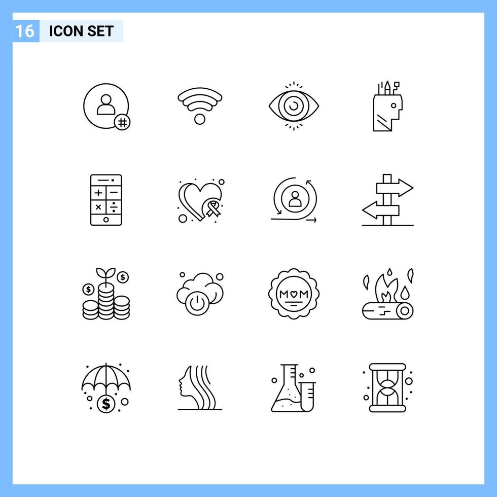Set of 16 Modern UI Icons Symbols Signs for phone calculator eye test school pen Editable Vector Design Elements