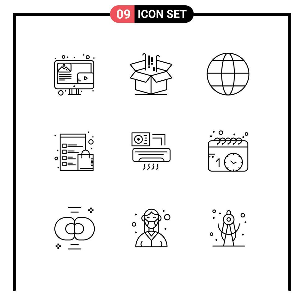 Pack of 9 Modern Outlines Signs and Symbols for Web Print Media such as aircondition shop marketing list check list Editable Vector Design Elements