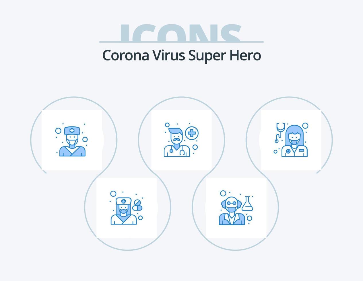 corona virus súper héroe azul icono paquete 5 5 icono diseño. muchacha. gente. doctor. hombre. avatar vector