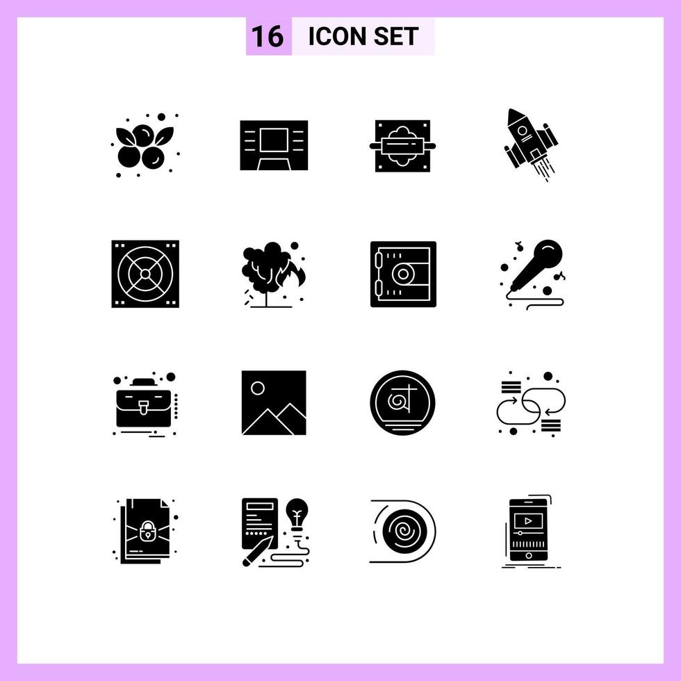 Set of 16 Commercial Solid Glyphs pack for bathroom fan bread launch space Editable Vector Design Elements