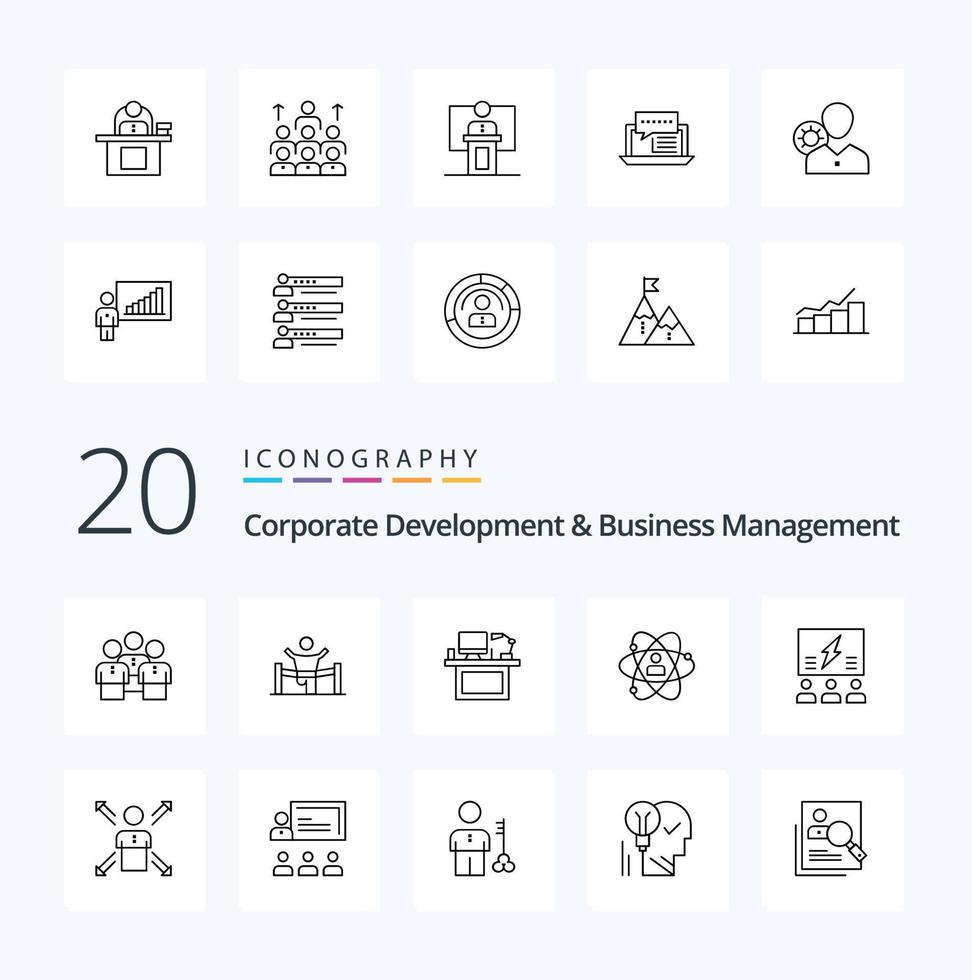 20 Corporate Development And Business Management Line icon Pack like monitor desk business computer man vector
