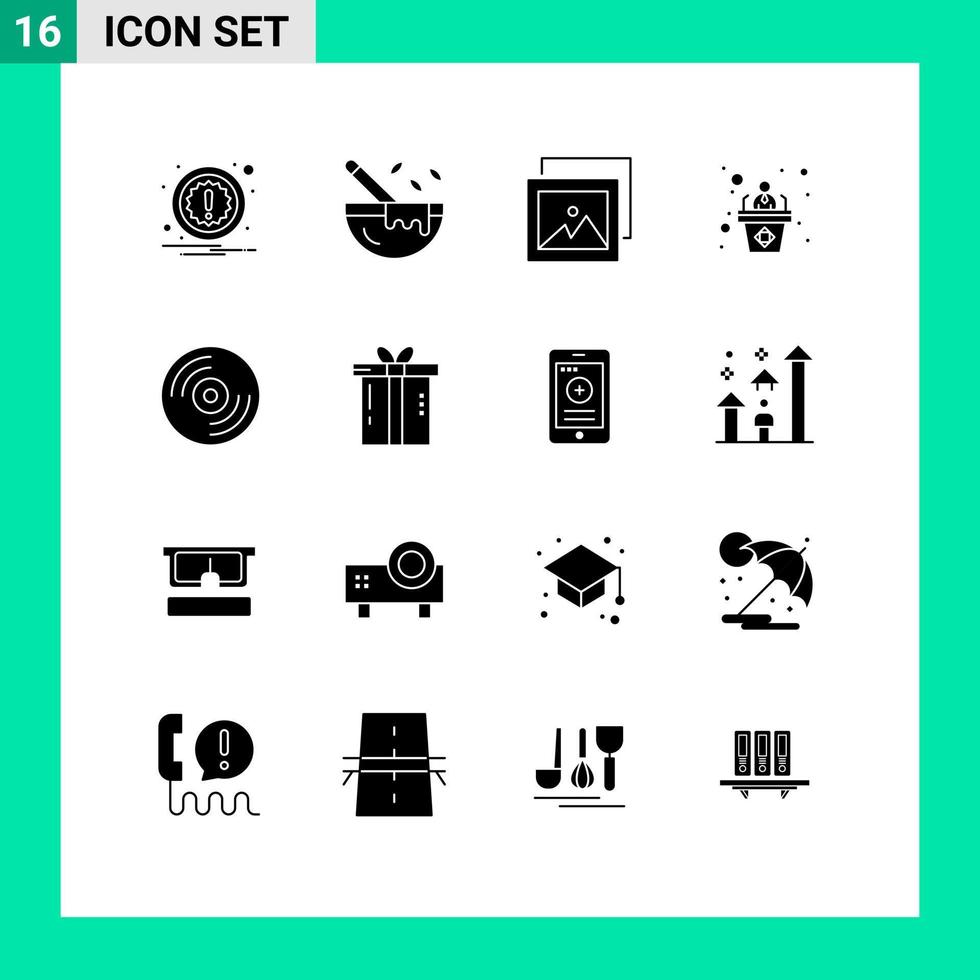 Pack of 16 Modern Solid Glyphs Signs and Symbols for Web Print Media such as dinner media gallery disc presentation Editable Vector Design Elements