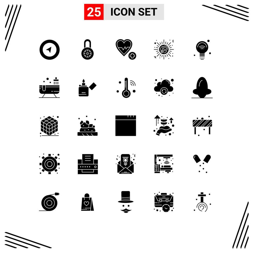 Pack of 25 creative Solid Glyphs of iot internet heart bulb woman Editable Vector Design Elements