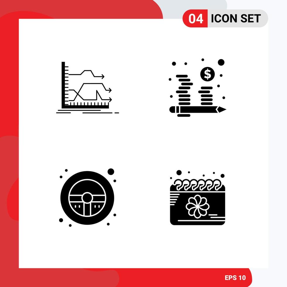 4 Thematic Vector Solid Glyphs and Editable Symbols of arrows helm market coins steering wheel Editable Vector Design Elements