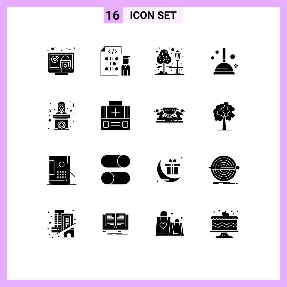 User Interface Pack of 16 Basic Solid Glyphs of politician improvement programmer cleaning cityscape Editable Vector Design Elements