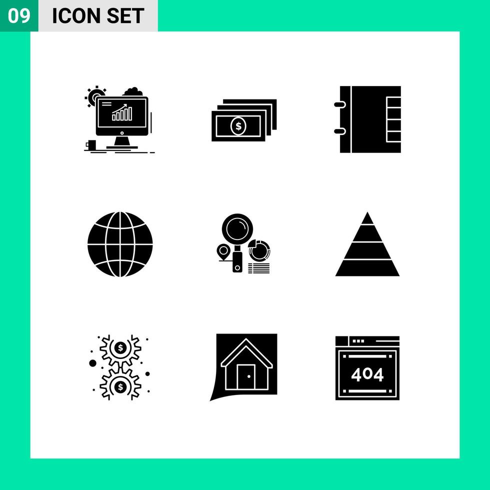 9 User Interface Solid Glyph Pack of modern Signs and Symbols of finder search contacts design globe Editable Vector Design Elements