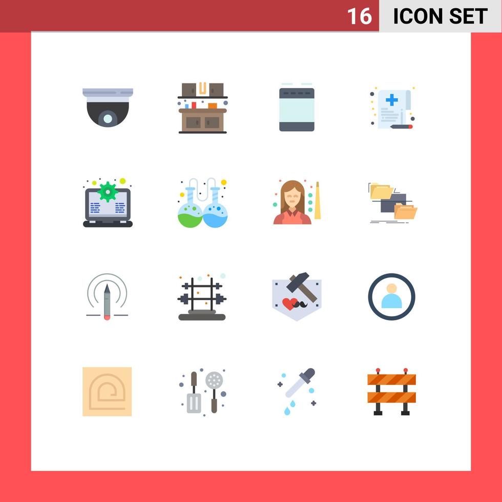 16 User Interface Flat Color Pack of modern Signs and Symbols of document hospital kitchen health oven Editable Pack of Creative Vector Design Elements