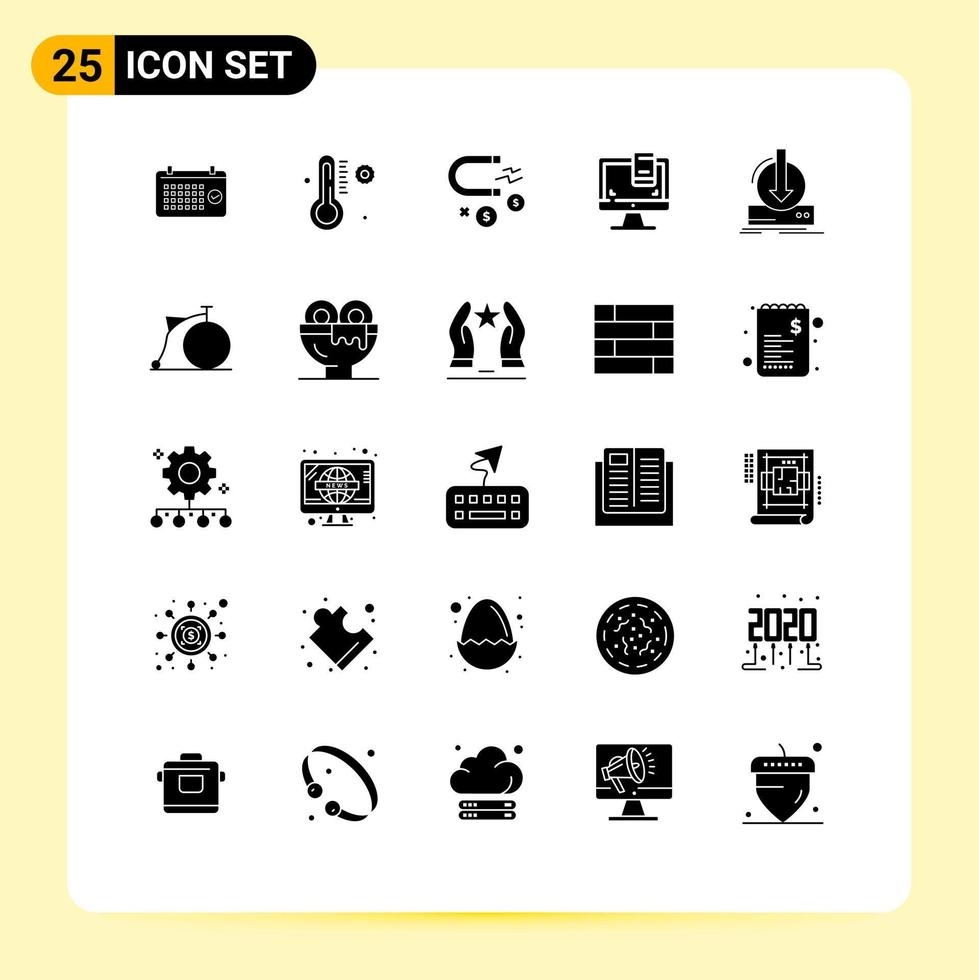 Modern Set of 25 Solid Glyphs Pictograph of content screen attracting monitor design Editable Vector Design Elements