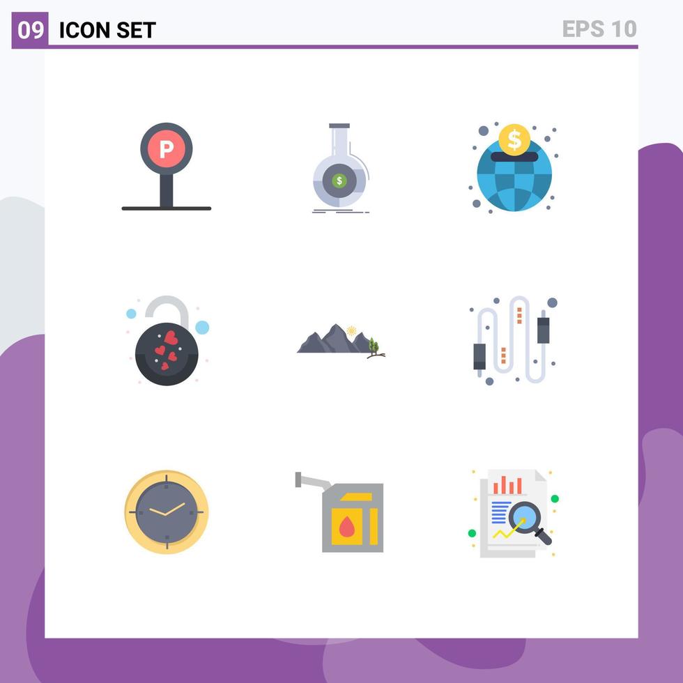 Set of 9 Vector Flat Colors on Grid for heart lock business heart market Editable Vector Design Elements