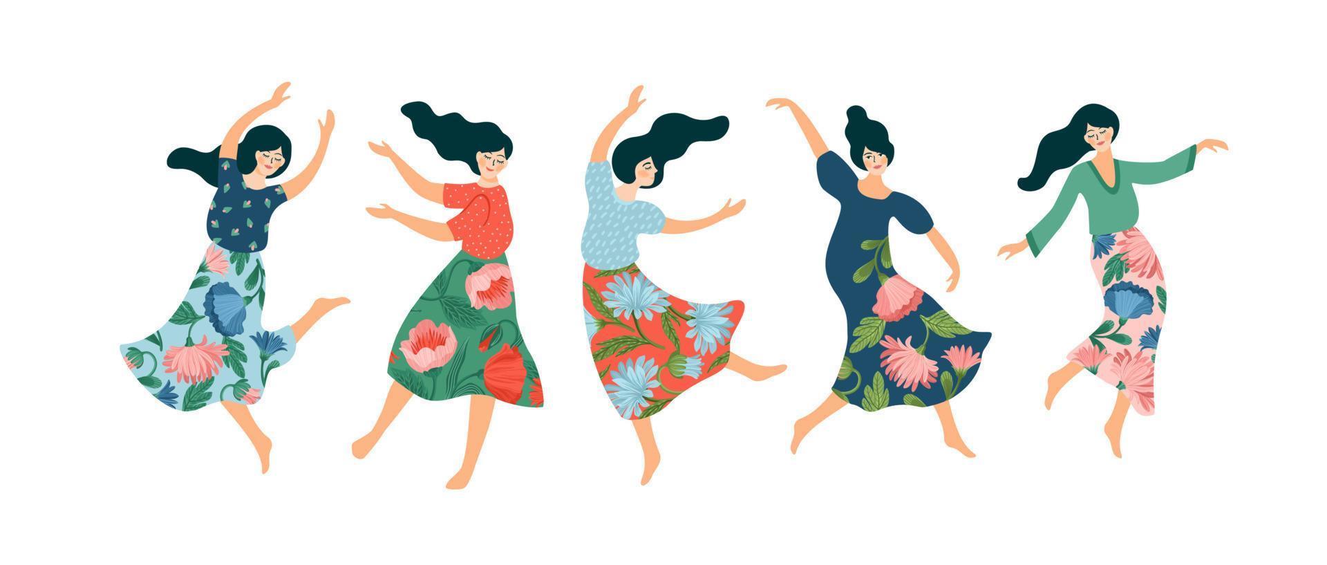 Vector isolated illustration of cute dancing women. Happyl Women s Day concept for card, poster, banner and other use