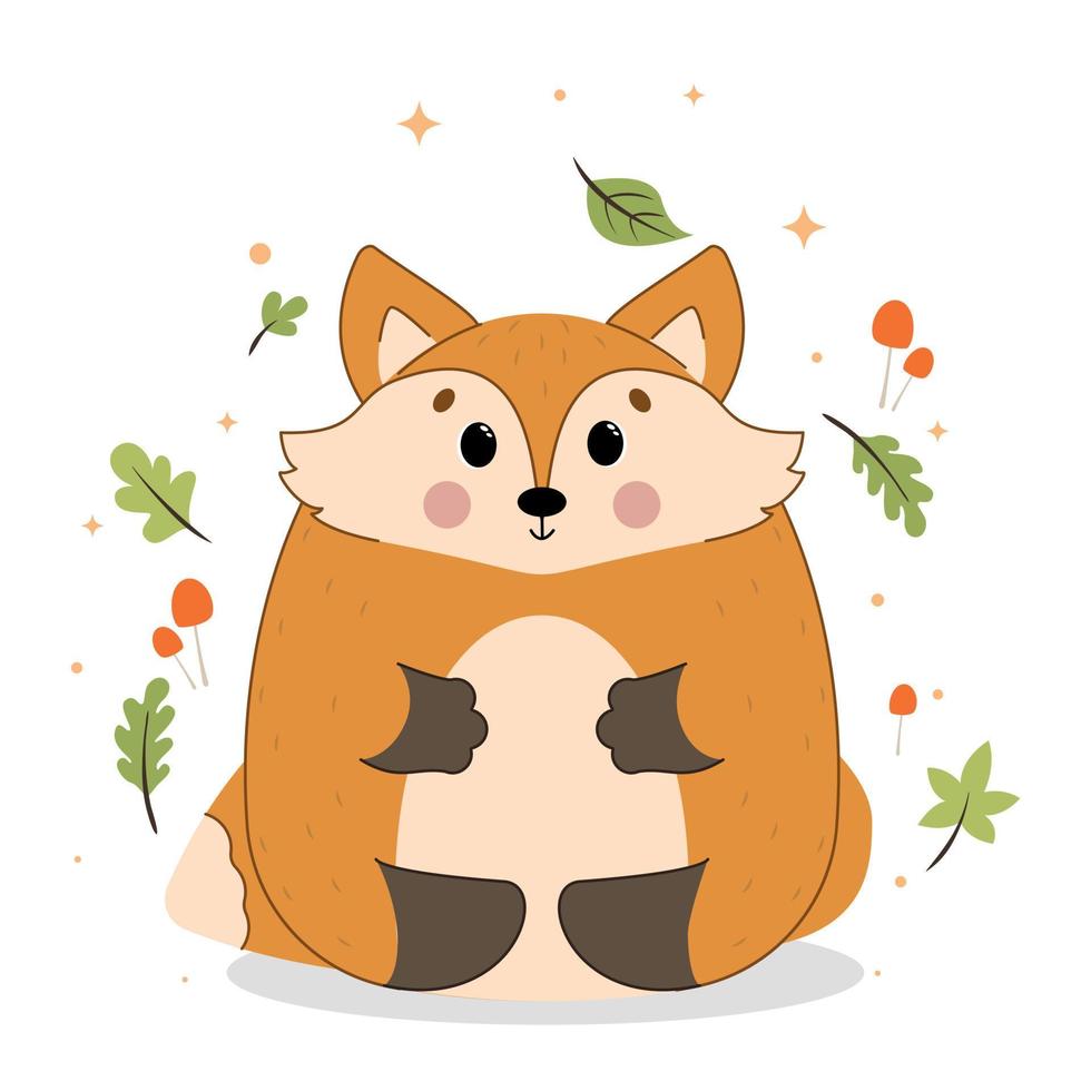 Cute little forest fox, cute forest animals with leaves, mushrooms, acorns vector