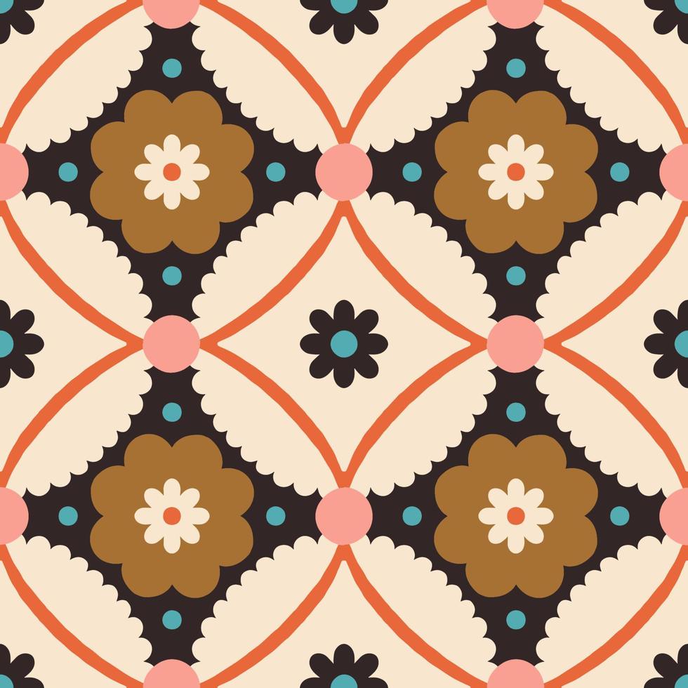 . Seamless pattern with geometrical flowers and shapes. Background in retro style vector