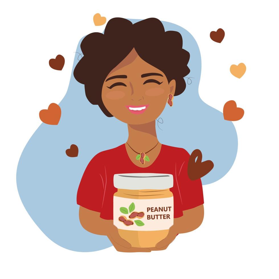 Smiling african american woman with a  peanut buttter bottle jar. Vector Illustration for National Peanut Butter Lovers Day on hearts background.