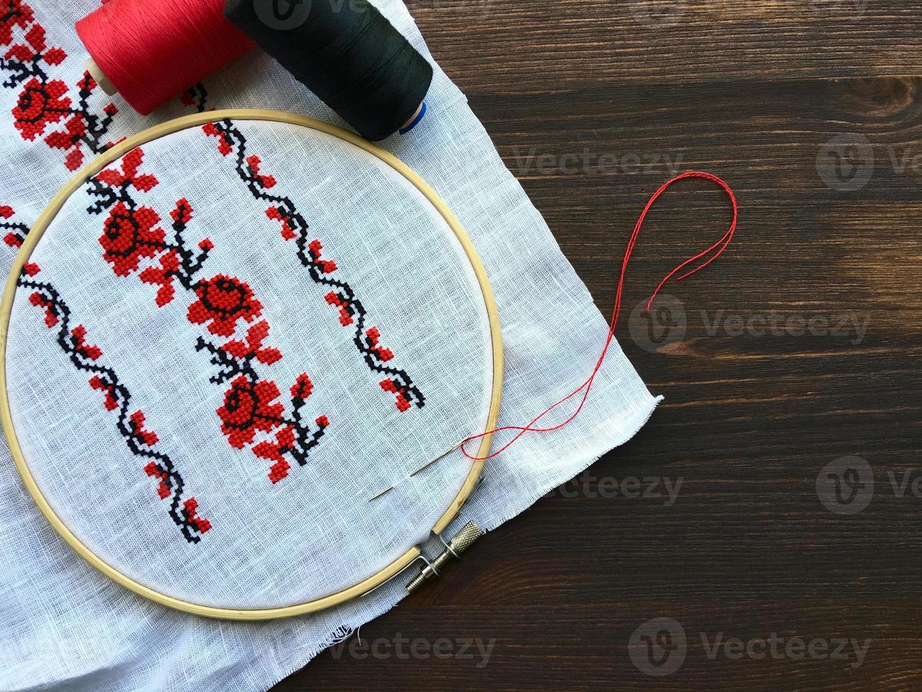 Traditional Folk cross-stitch flower ornament, fabric in the hoop photo