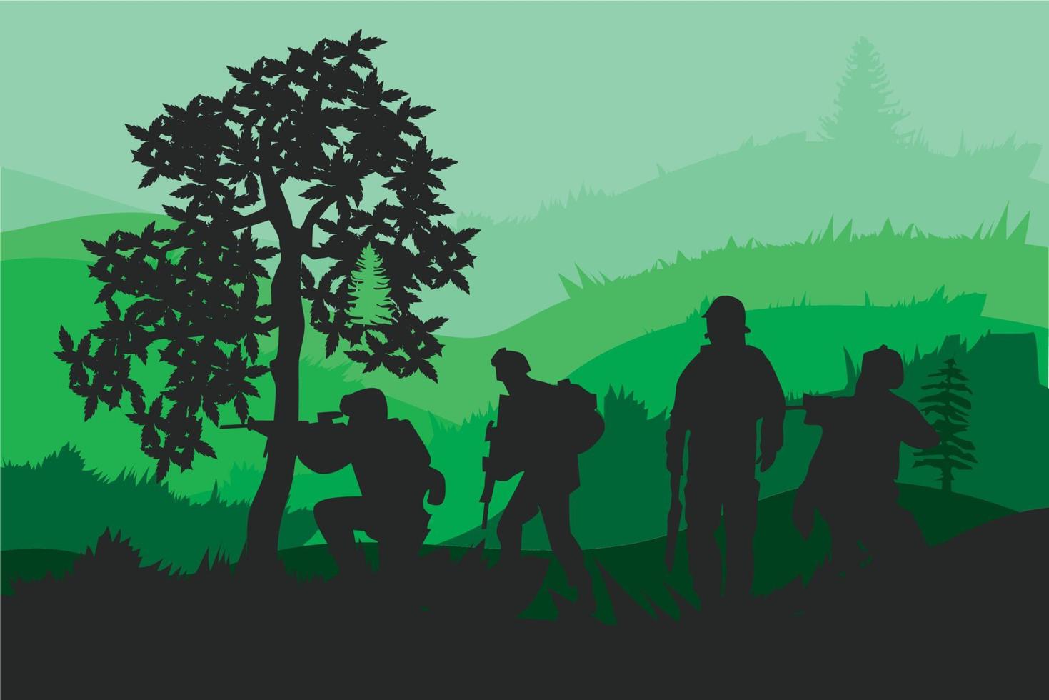 siluetas vectoriales de soldados, policía, vaquero, equipo del grupo 1 varios estilos sosteniendo armas, preparándose para la batalla, pelea, estilo, ropa verde fondo forestal aislado vector