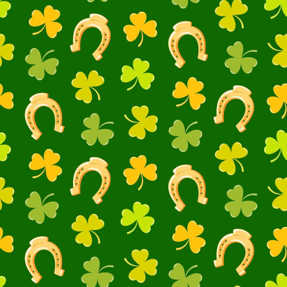 patrón impecable de hojas de trébol irlandés dibujadas a mano y herradura de la suerte sobre un fondo verde aislado. diseño para st. celebración del día de patricks, decoración de fiestas, scrapbooking, decoración del hogar, textil. vector