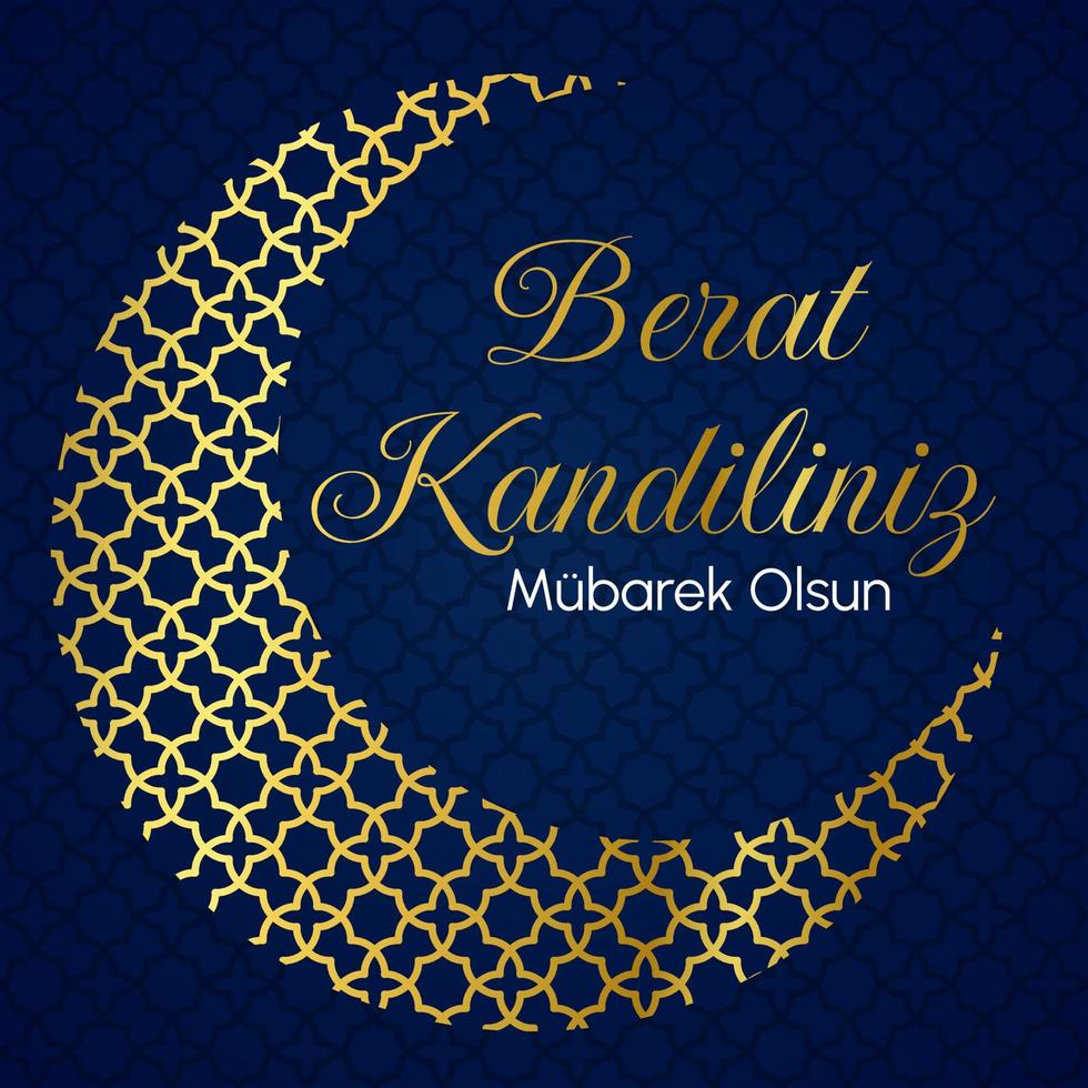 Muslim holiday Berat Kandil. Vector concept of card for Islamic holy night. Silhouette of golden crescent moon with Arabian pattern on dark blue gradient background