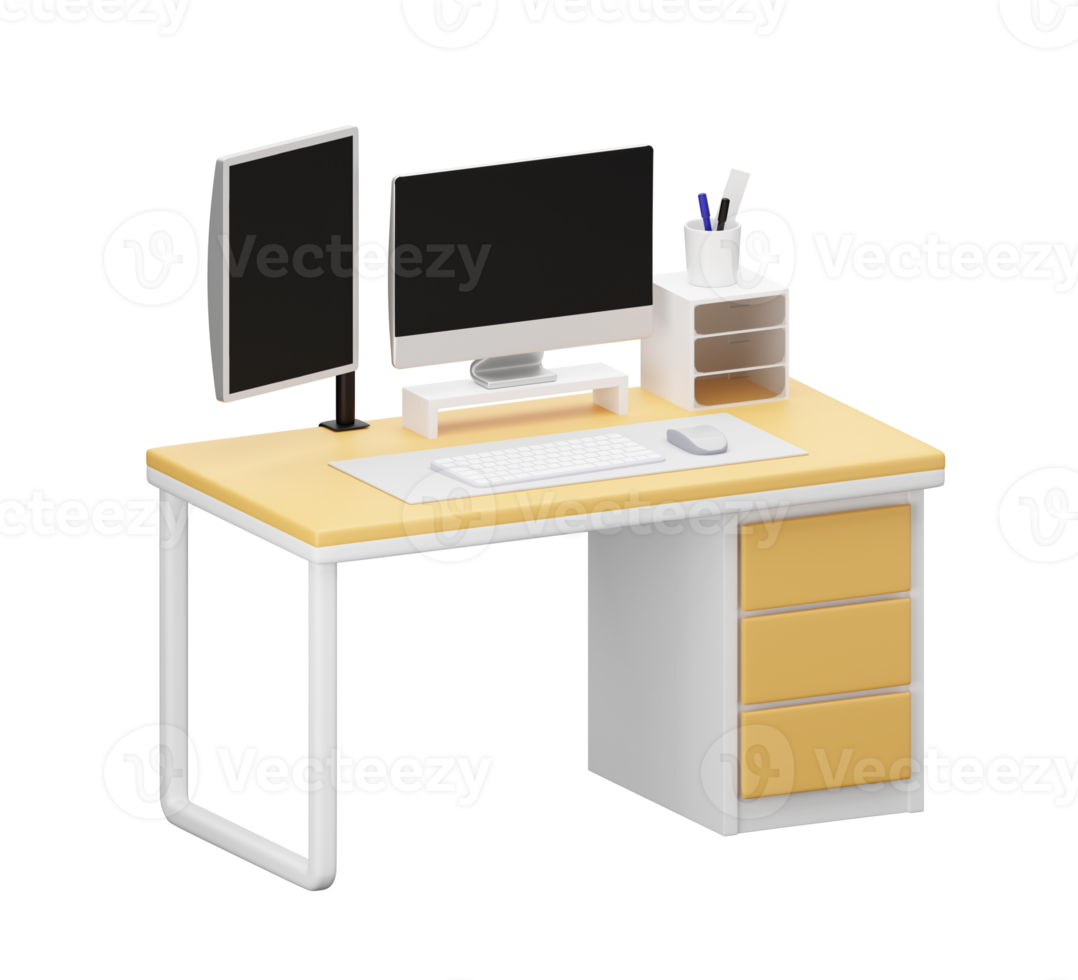 hout bureau met computer, monitoren, computer. 3d weergave. png