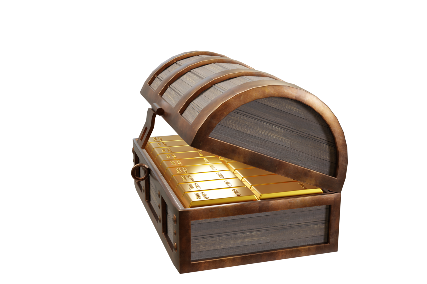 Gold bars or ingots are placed in a treasure chest. Box is made of old 3D rendering. png