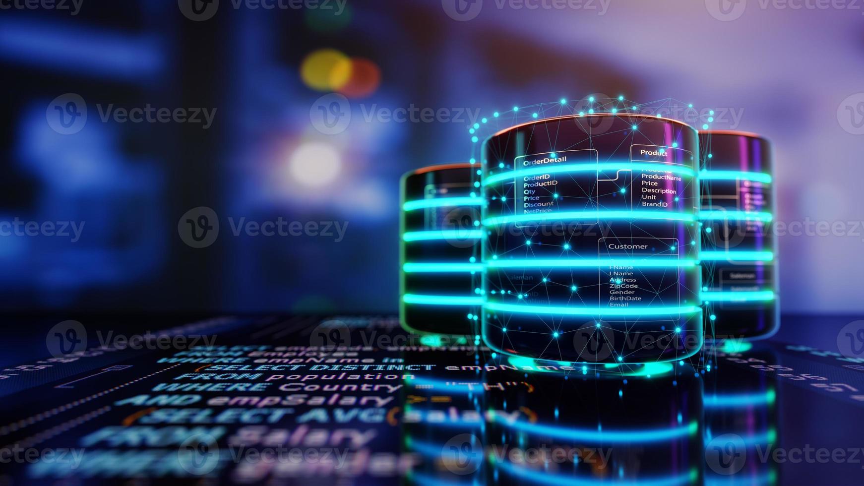 relacional base de datos mesas en bases de datos son metido en estructurado consulta idioma código con servidor habitación antecedentes. concepto de base de datos servidor, sql, base de datos diagrama diseño. 3d prestar. foto