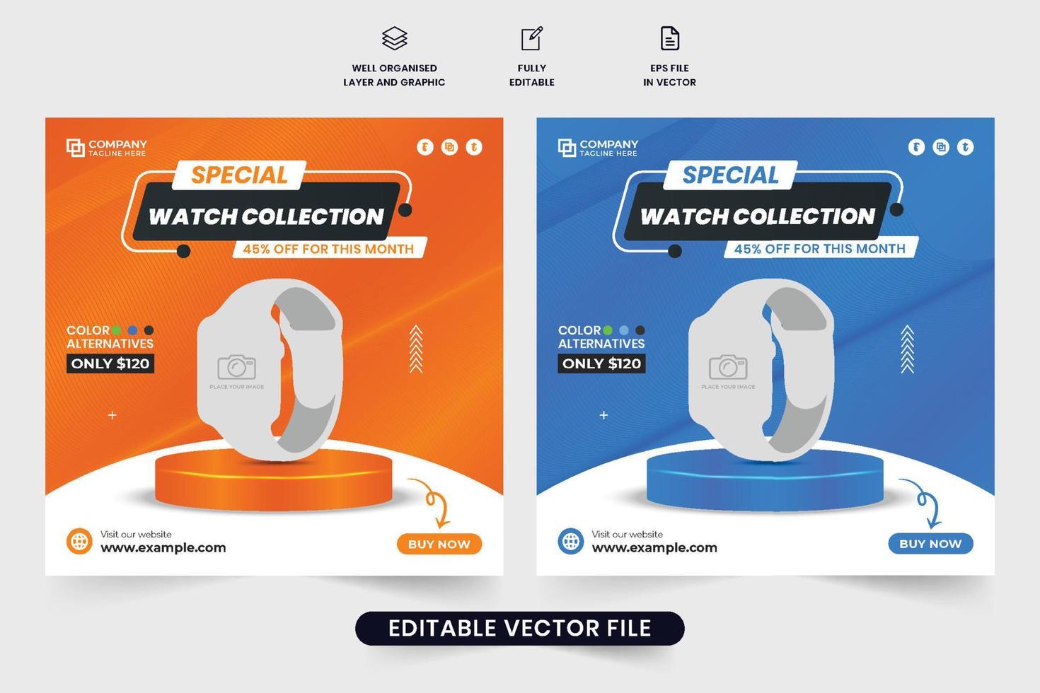 Wristwatch sale template for social media marketing with orange and blue colors. Smartwatch sale business promotional template vector with photo placeholders. Modern watch advertisement poster design.