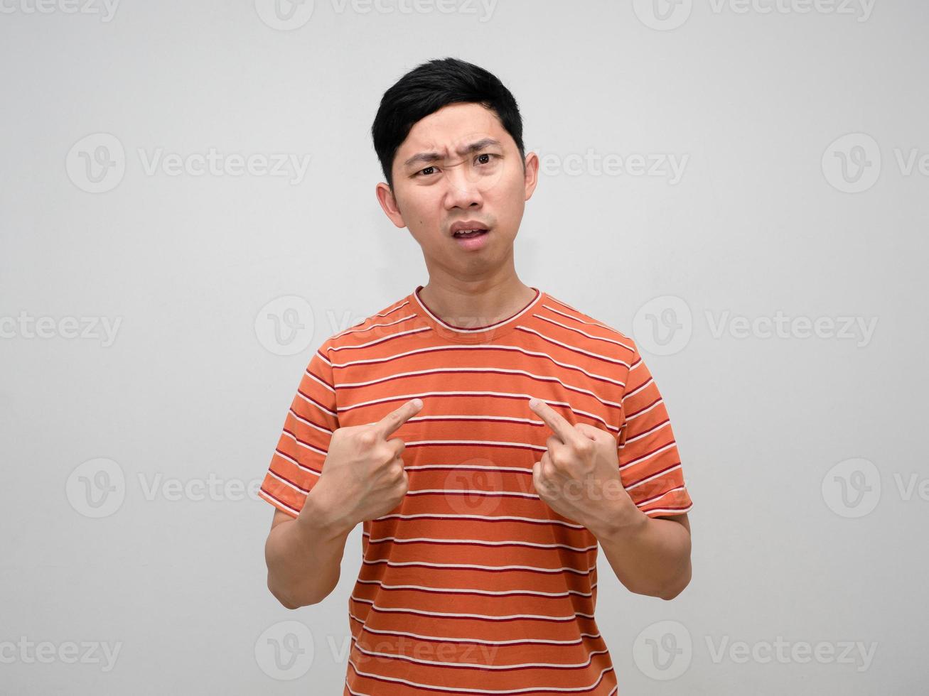 Man orange striped shirt feels confused point finger at himself isolated photo